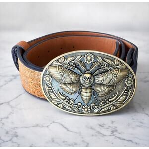 Genuine Leather Tooled Western Skull Moth Statement Belt NWT